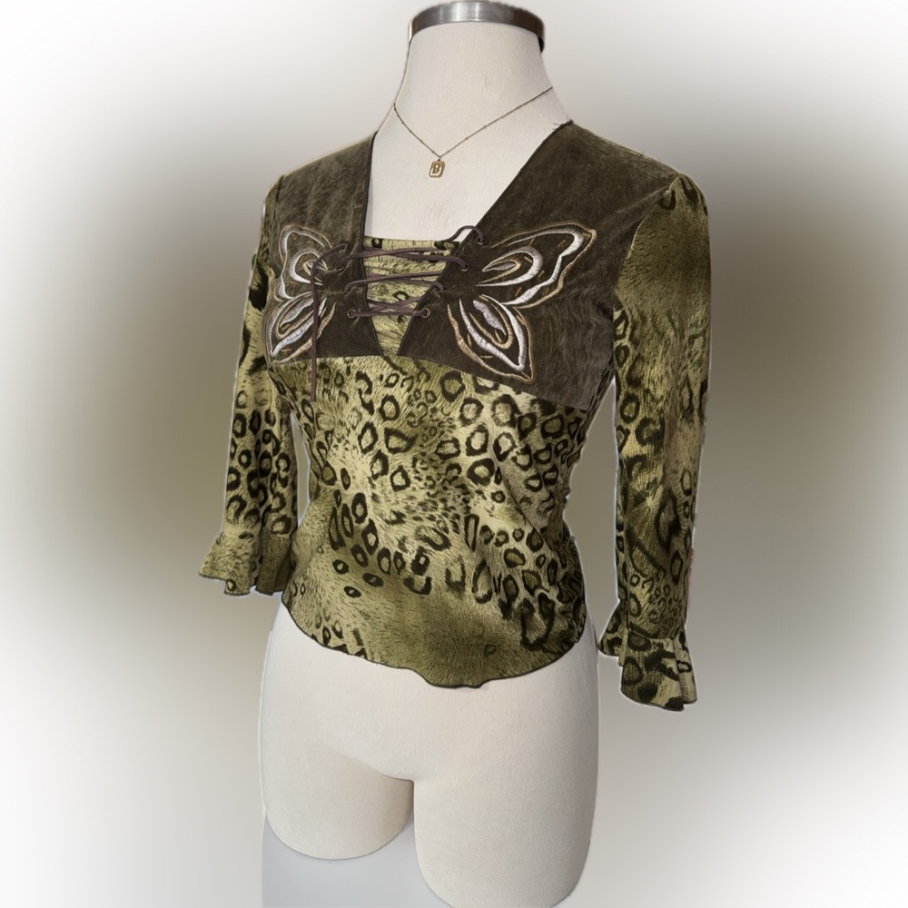 Women’s Y2K Olive Green Animal Print Lace-Up Top with Butterfly Embroidery - Picture 2 of 10